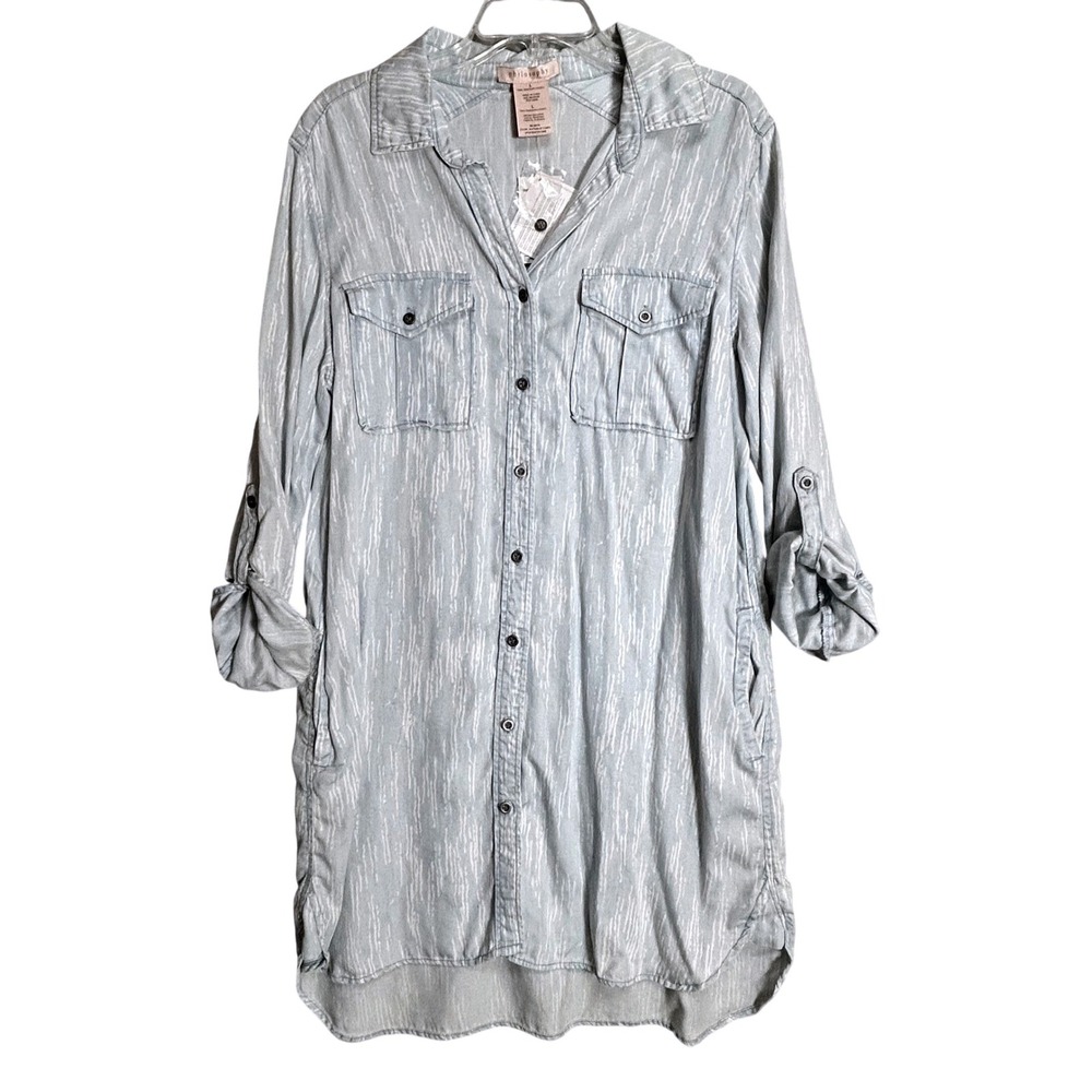 NEW Philosophy Tencel Lyocell Tunic Dress Blue White Abstract Roll Tab Sleeve L